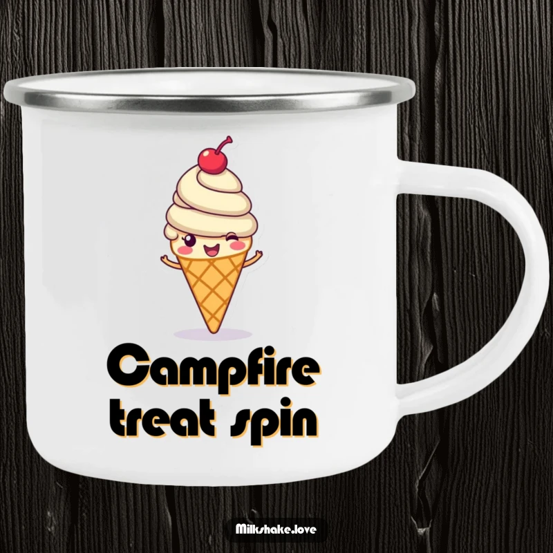 Funny ice cream cone camping mug, a cheerful ice cream cone with a cherry on top spinning happily, outdoor funny gift.