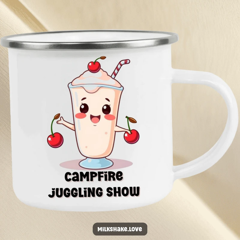 Funny Camping Mug with a happy kawaii milkshake juggling three tiny cherries, ready for outdoor fun and humor.