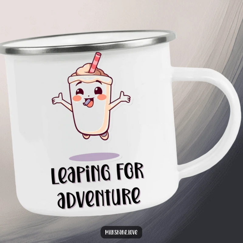 Funny milkshake character joyfully jumping with a straw in its mouth, a durable and humorous design for an enamel camping mug.