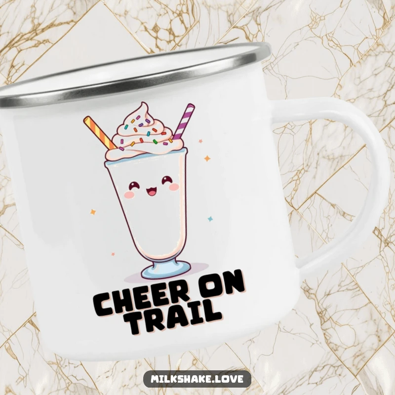 Funny Kawaii milkshake camping mug, a sturdy mug with a cheering character and toppings, perfect for outdoor enthusiasm.