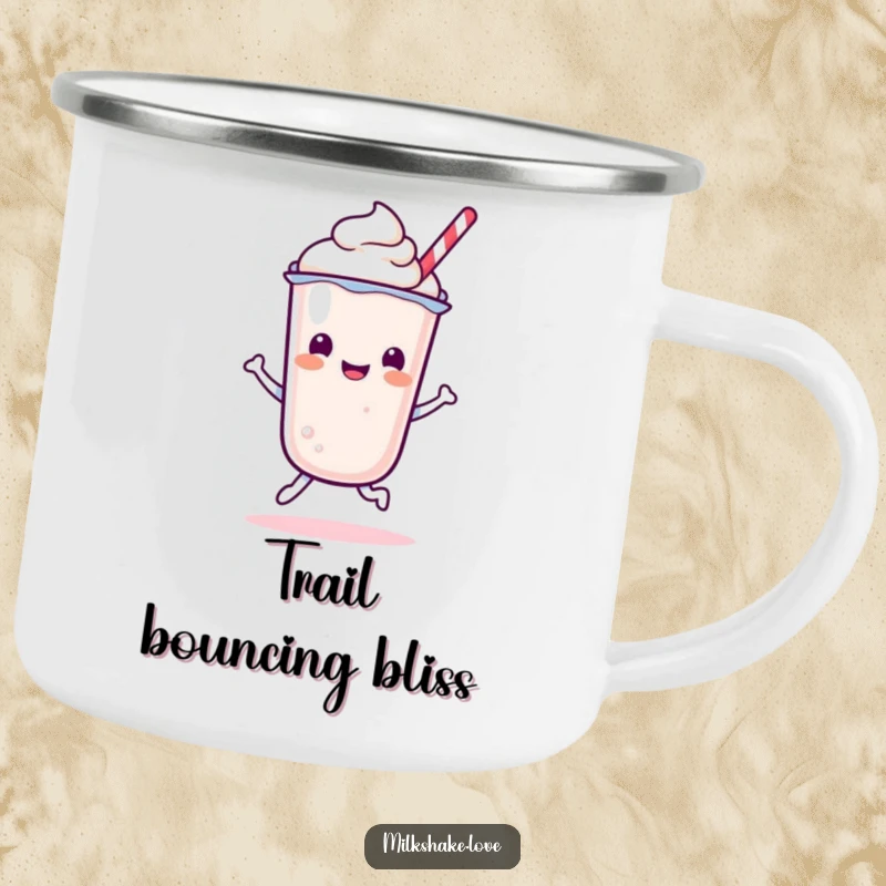 Funny Kawaii Milkshake character in a happy bounce on a durable camping mug for outdoor fun.