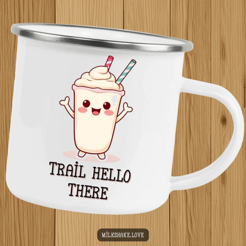 Funny Camping Mug featuring a cheerful Kawaii milkshake character waving with its straw, perfect for outdoor greetings.