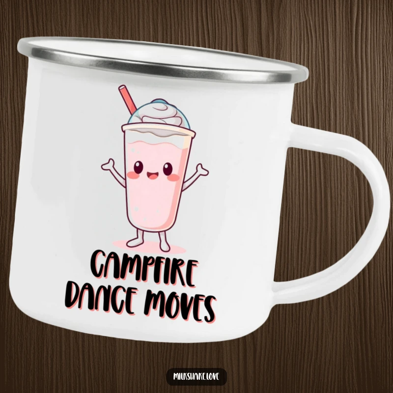 Funny Camping Mug featuring a cheerful Kawaii milkshake character doing a silly dance with its lid, perfect for outdoor fun.