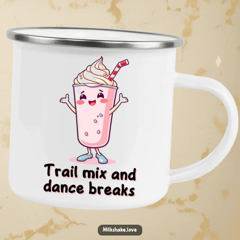 Funny kawaii milkshake camping mug featuring a cute, dancing milkshake with whipped cream doing a joyful shimmy, an adventurous and humorous drinkware.