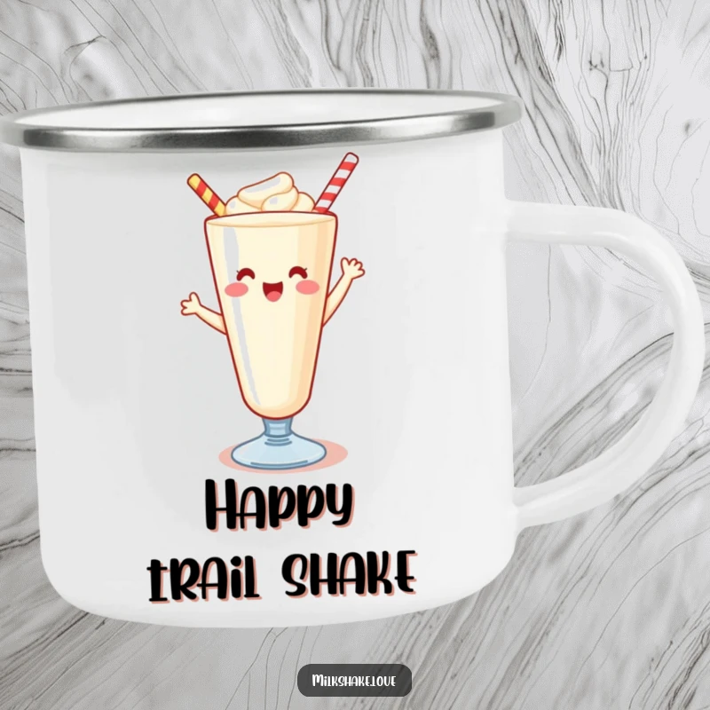 Funny Kawaii milkshake camping mug, a durable vessel with a dancing character, perfect for outdoor enjoyment.