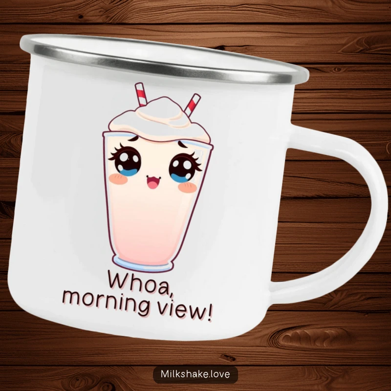 Funny Camping Mug featuring a Kawaii milkshake with wide, surprised eyes peeking over the rim, ready for comical adventures.