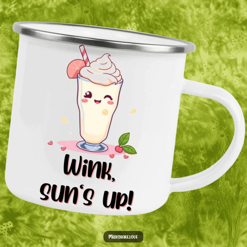 Funny Camping Mug featuring a Kawaii milkshake giving a playful wink, with a swirl of delight for charming outdoor moments.