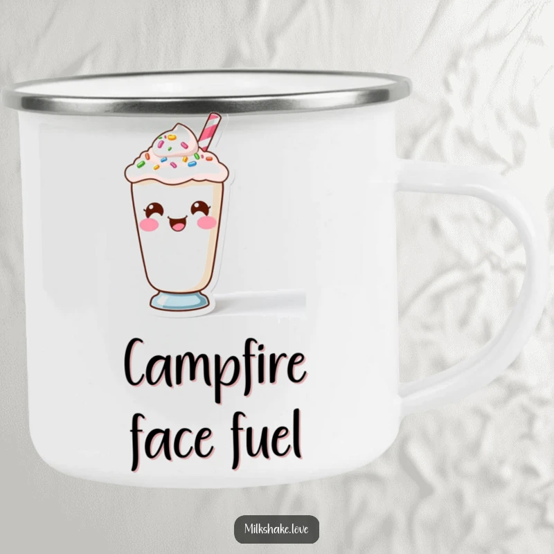Funny Kawaii Milkshake character making a funny face with sprinkles on a durable camping mug.