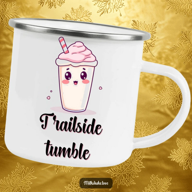 Funny Kawaii Milkshake Camping Mug: A surprised milkshake character spilling, designed for outdoor fun and humor.