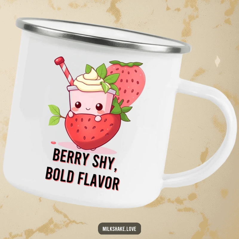 Funny Kawaii Milkshake character peeking from behind a giant strawberry on a durable camping mug.