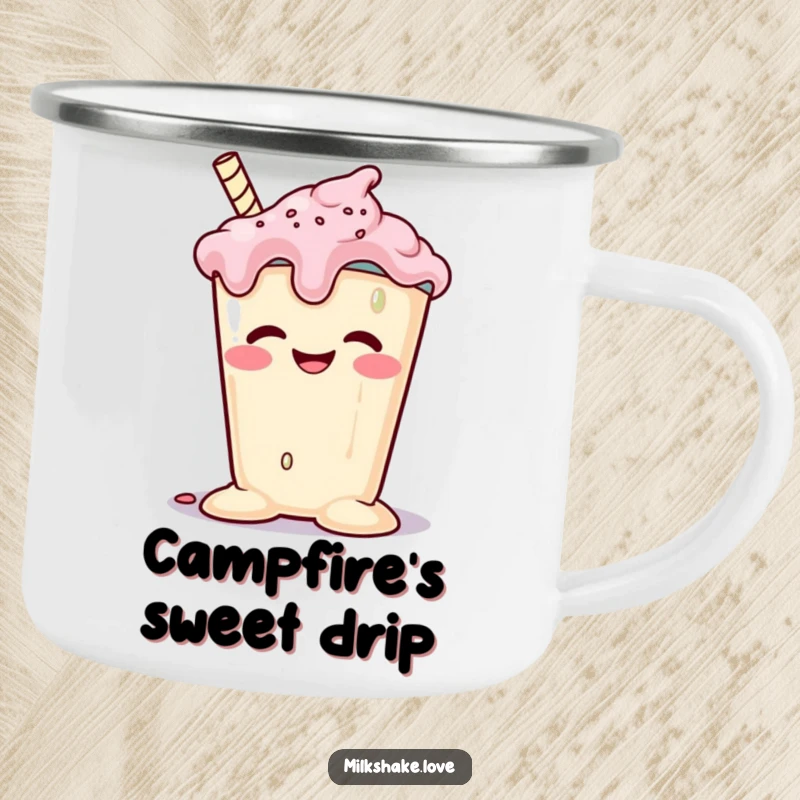 Funny melting milkshake with a goofy grin slumping happily, designed for a rugged camping mug. Perfect for outdoor enthusiasts.