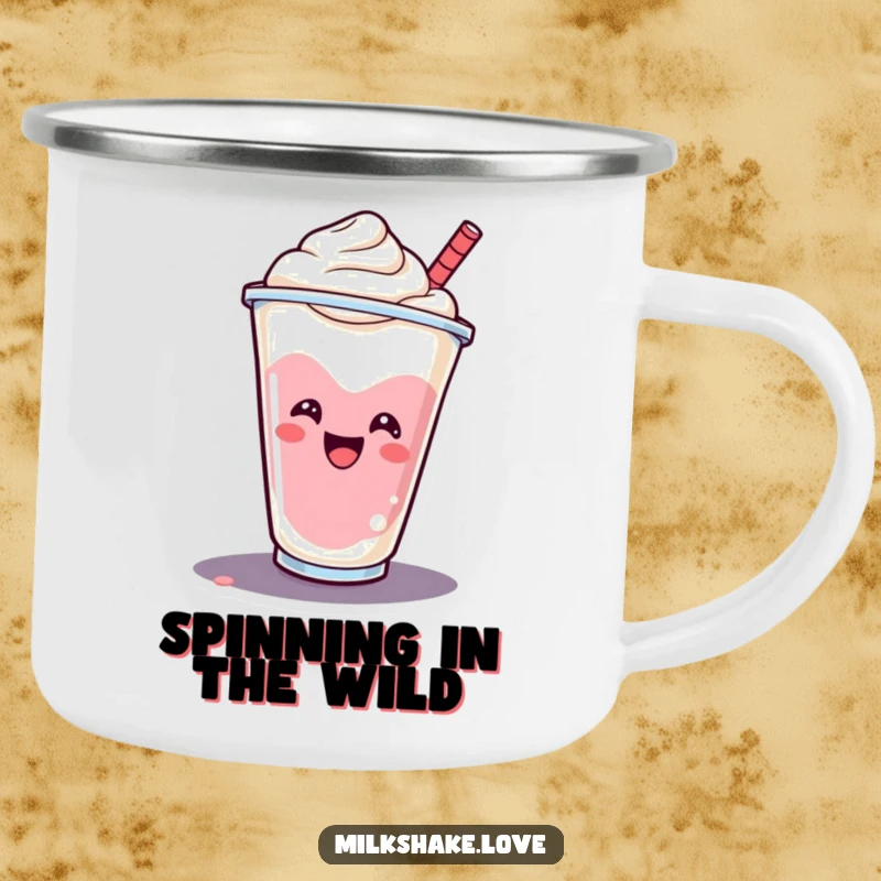 Funny smiling milkshake cup doing a cheerful spin, perfect for sipping on adventures with this camping mug.