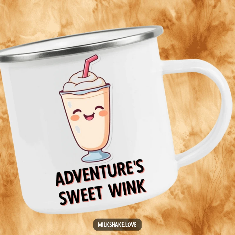 A cute milkshake with a straw giving a cheerful wink, printed on a rugged camping mug for happy adventures.