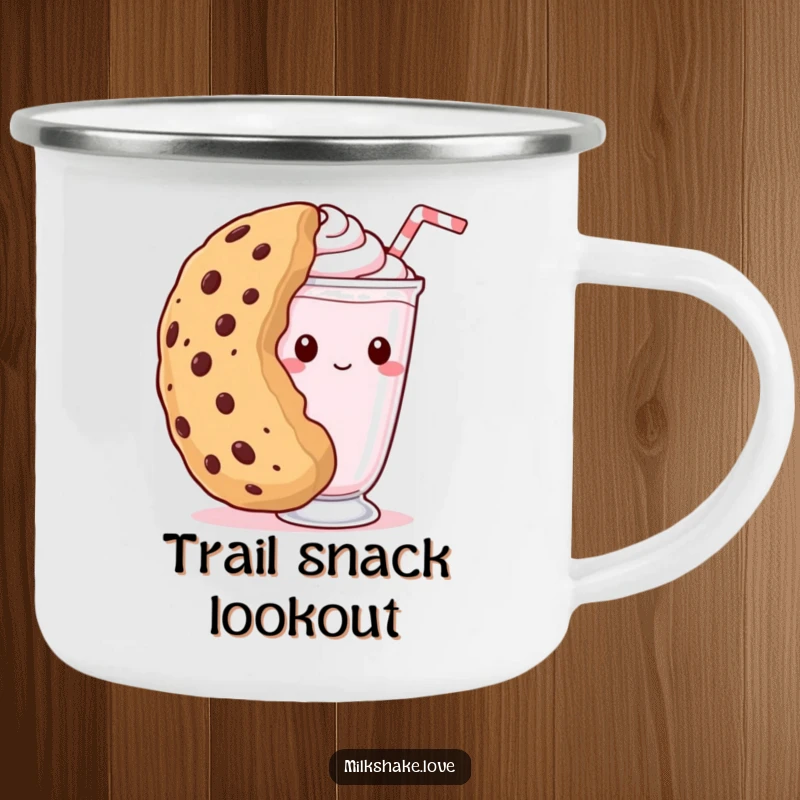 Funny kawaii milkshake camping mug with a shy milkshake peeking from behind a giant cookie, perfect for adventurous and charming outdoor drinks.