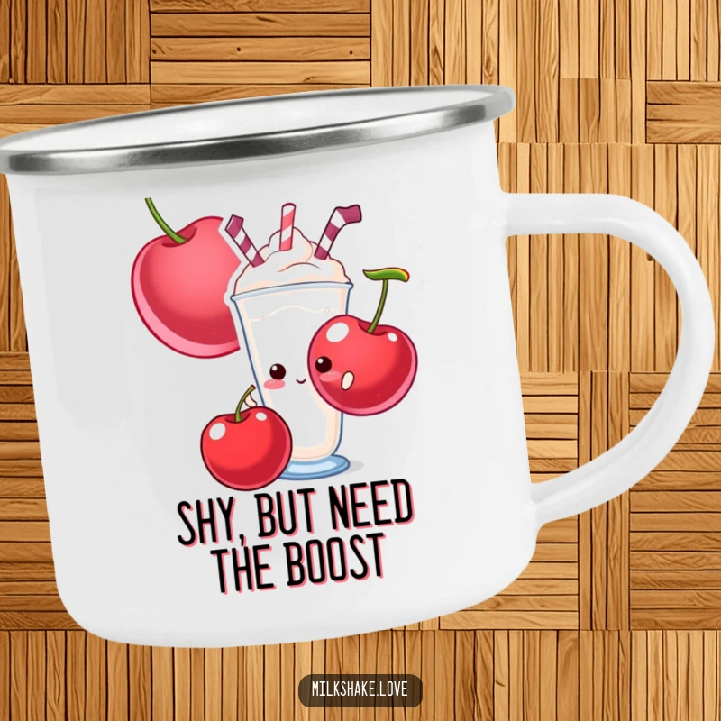 Funny enamel camping mug featuring a shy milkshake hiding behind a giant cherry, perfect for sweet outdoor drinks.