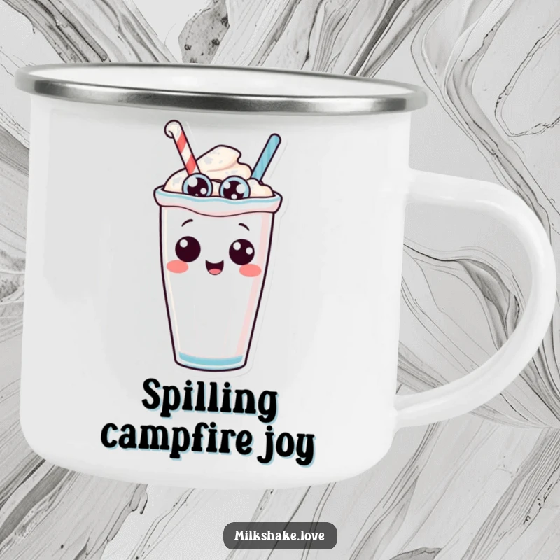 Funny anthropomorphic milkshake with silly eyes comically tipping over, a durable and humorous design for an enamel camping mug.