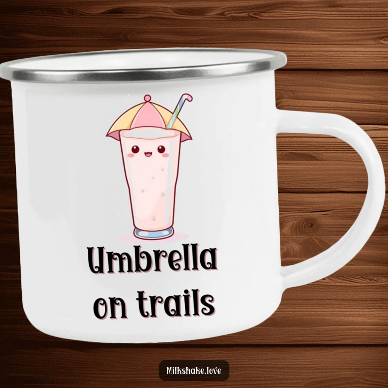 Funny Camping Mug with a kawaii milkshake glass holding a tiny umbrella, enjoying sugary rain, ready for outdoor sweetness.