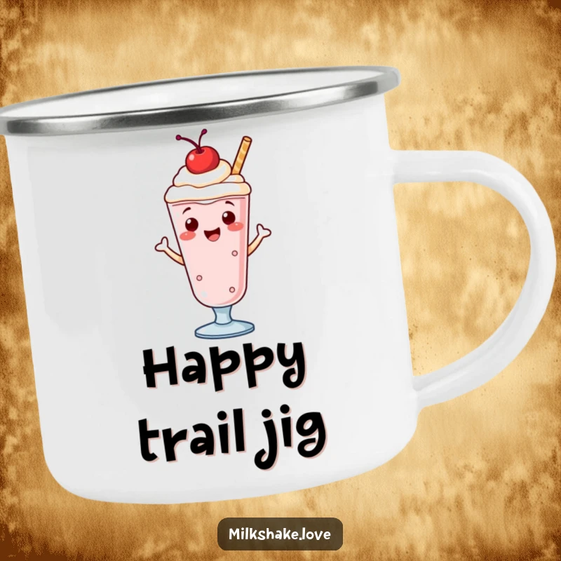 Funny camping mug with a smiling milkshake, cherry on top, doing a jig, perfect for outdoor sips and cheerful moments.