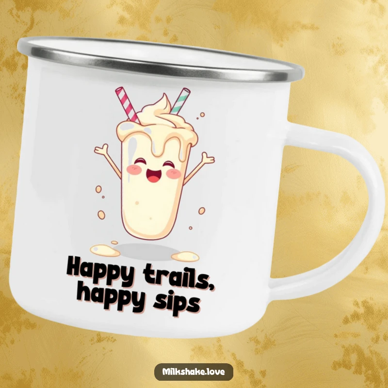 Funny joyful milkshake spinning happily on a camping mug, ready for adventure, a funny gift.