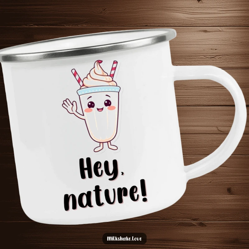 Funny camping mug with a milkshake character waving hello with its whipped cream topping.