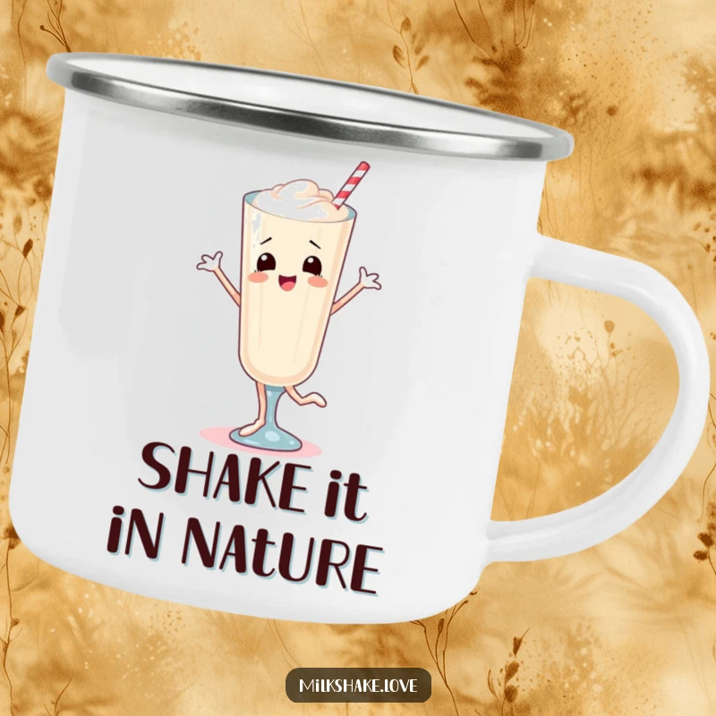 Funny Camping Mug with a dancing milkshake design, built for adventure and bringing smiles to campfire mornings.