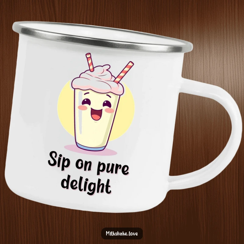 Funny kawaii milkshake camping mug, giggling and pointing upwards with excitement, a humorous enamel mug for outdoor adventures.