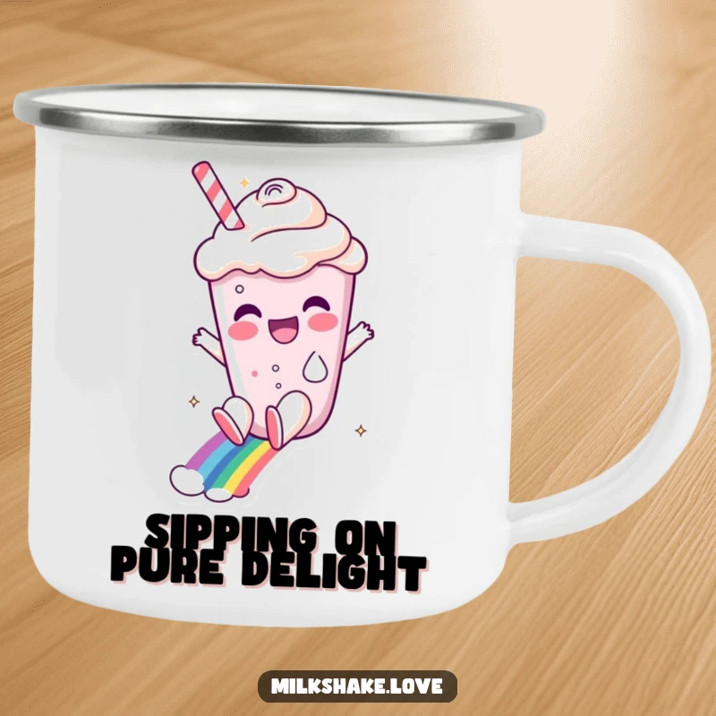 Funny milkshake character sliding down a rainbow on a rugged camping mug, inspiring sweet outdoor journeys.