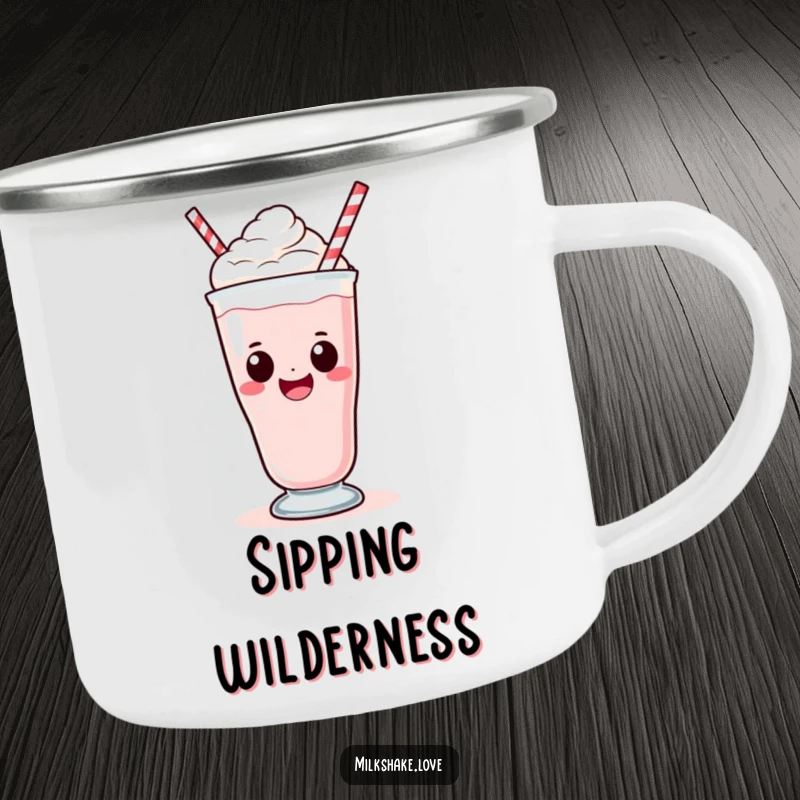Funny Kawaii Milkshake Camping Mug: A kawaii milkshake character with a big smile sipping, perfect for outdoor fun and humor.