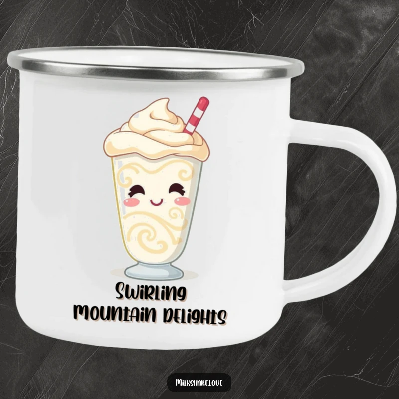 Funny Milkshake Camping Mug with a giggling character featuring swirling patterns and a bubbly demeanor, ideal for outdoor enthusiasts who enjoy fun designs.