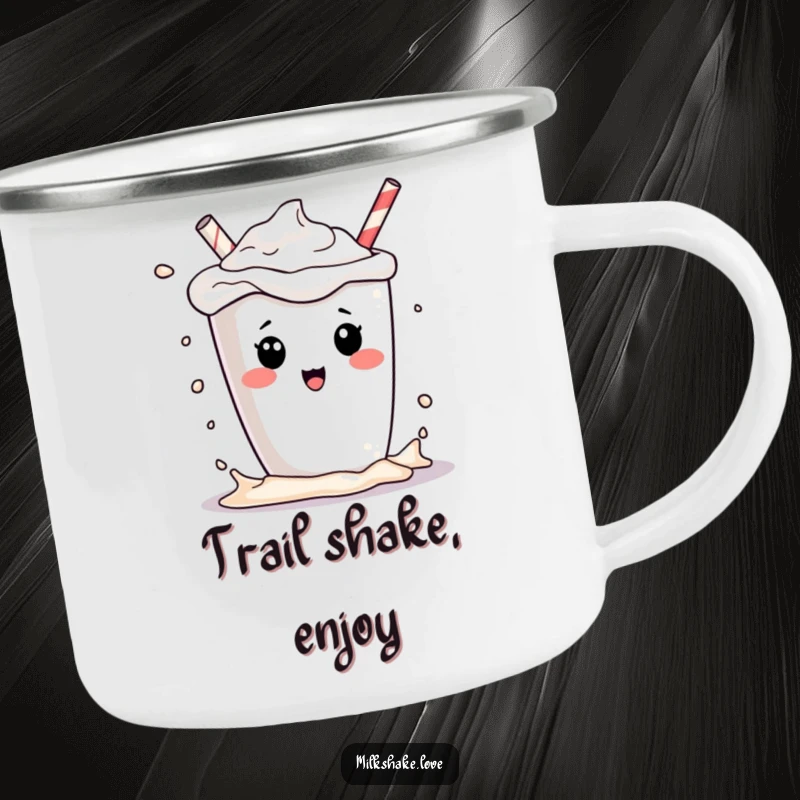 Funny kawaii milkshake character playfully splashing its contents, on a rugged camping mug, for sweet outdoor humor.