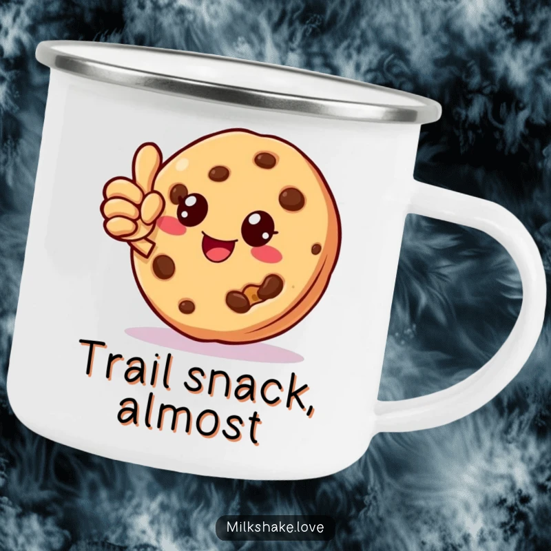 Funny cookie character with a missing crumb giving a thumbs up on a rugged camping mug, perfect for outdoor enjoyment.