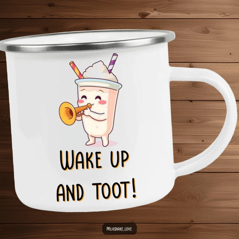 Funny Camping Mug: A durable mug with a milkshake cup character playing a tiny trumpet, perfect for outdoor jams.
