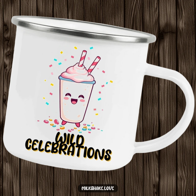 Funny Happy Milkshake Cup Camping Mug, a cartoon character spilling confetti, perfect for adding festive cheer and fun to outdoor beverages.
