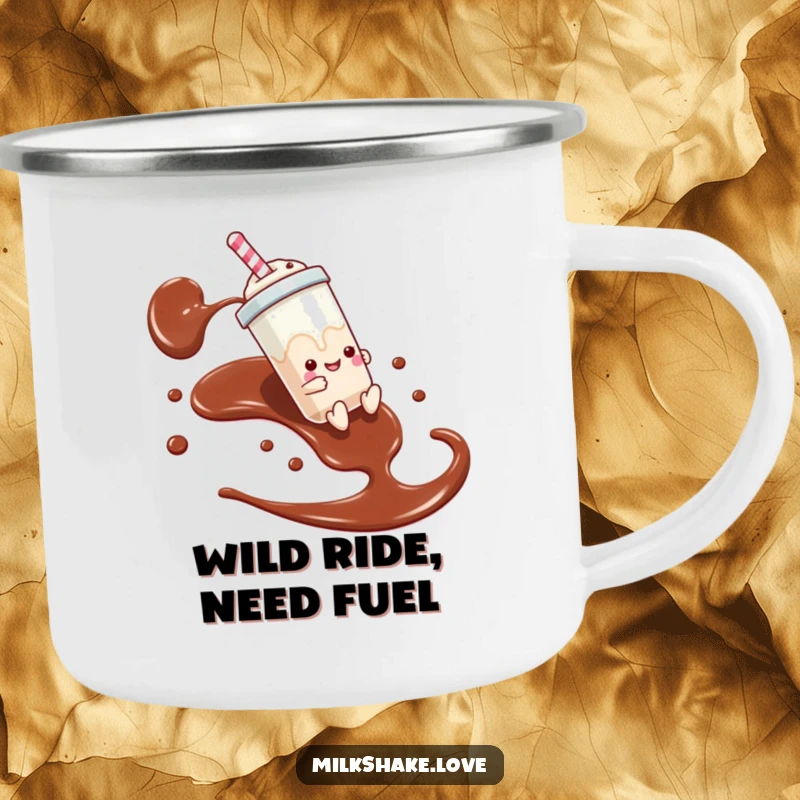 Funny enamel camping mug featuring a milkshake character sliding down chocolate syrup, perfect for adventurous outdoor drinks.