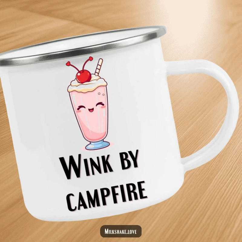 Funny Kawaii milkshake camping mug, a sturdy mug featuring a winking character, perfect for enjoying drinks outdoors.