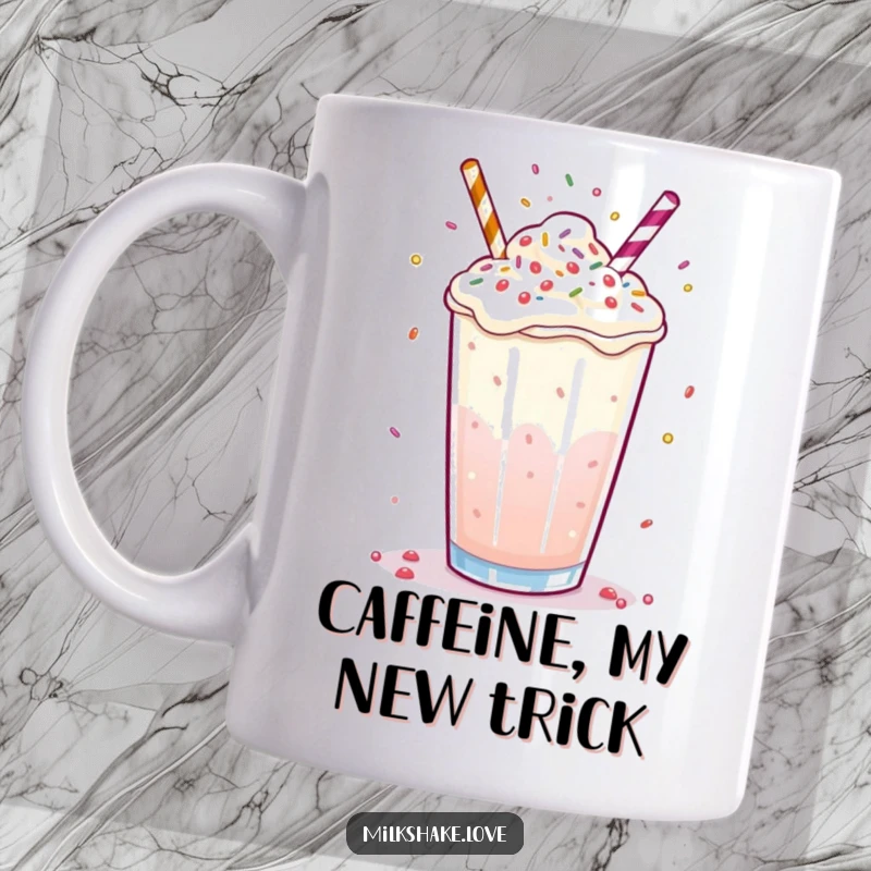 Funny milkshake mug with a bubbly surface expertly juggling tiny sprinkles, perfect for a fun gift.