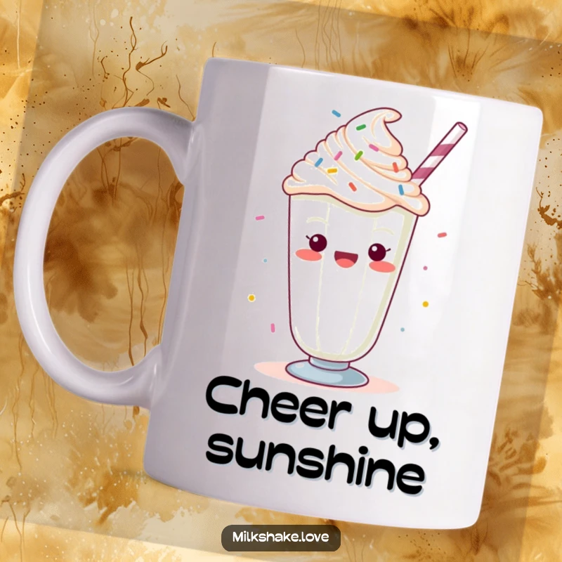 Funny Kawaii milkshake topped with whipped cream and sprinkles, enthusiastically cheering, full of celebratory delight.