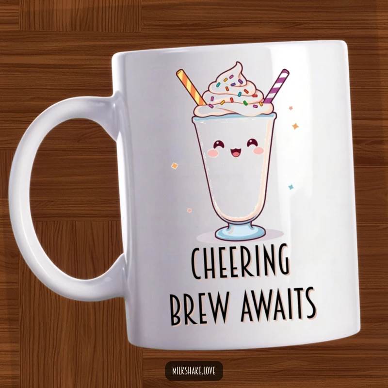 Funny Kawaii milkshake mug, a joyful character with whipped cream and sprinkles, enthusiastically cheering, perfect for celebration.