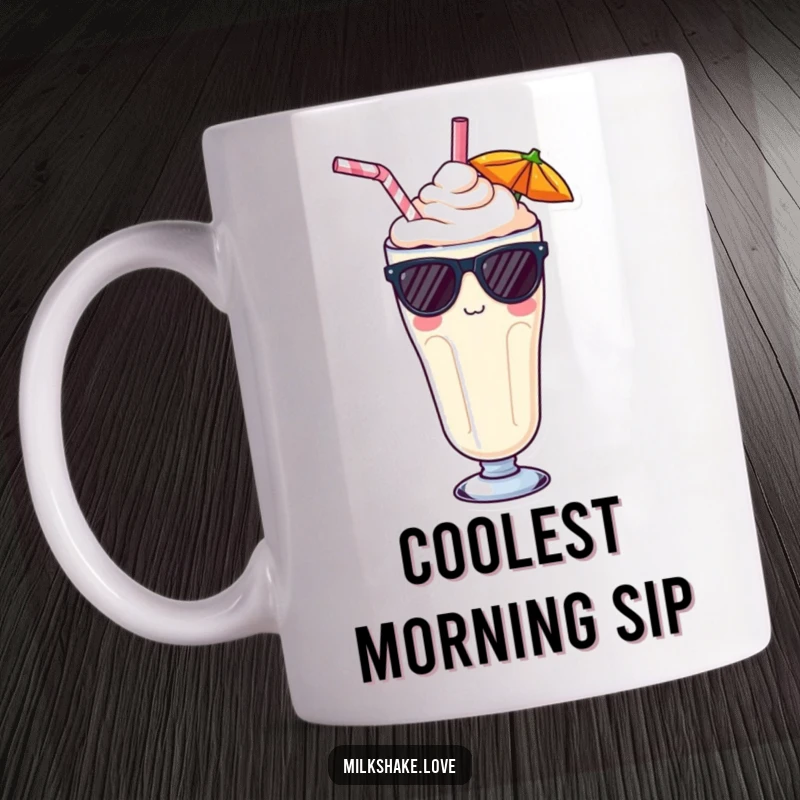 Funny Kawaii milkshake mug, a cool beverage wearing sunglasses and a straw, exuding a relaxed and stylish vibe.