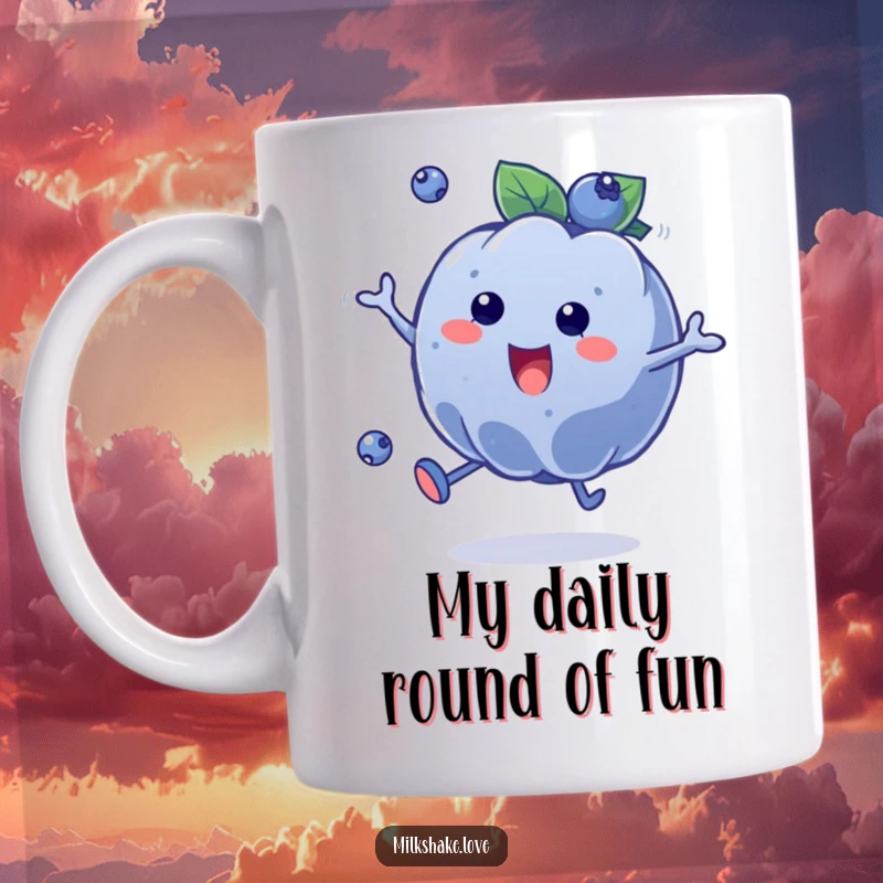 Funny Blueberry Bounce Mug featuring a plump, happy blueberry character energetically bouncing like a ball, radiating pure joy and fun.