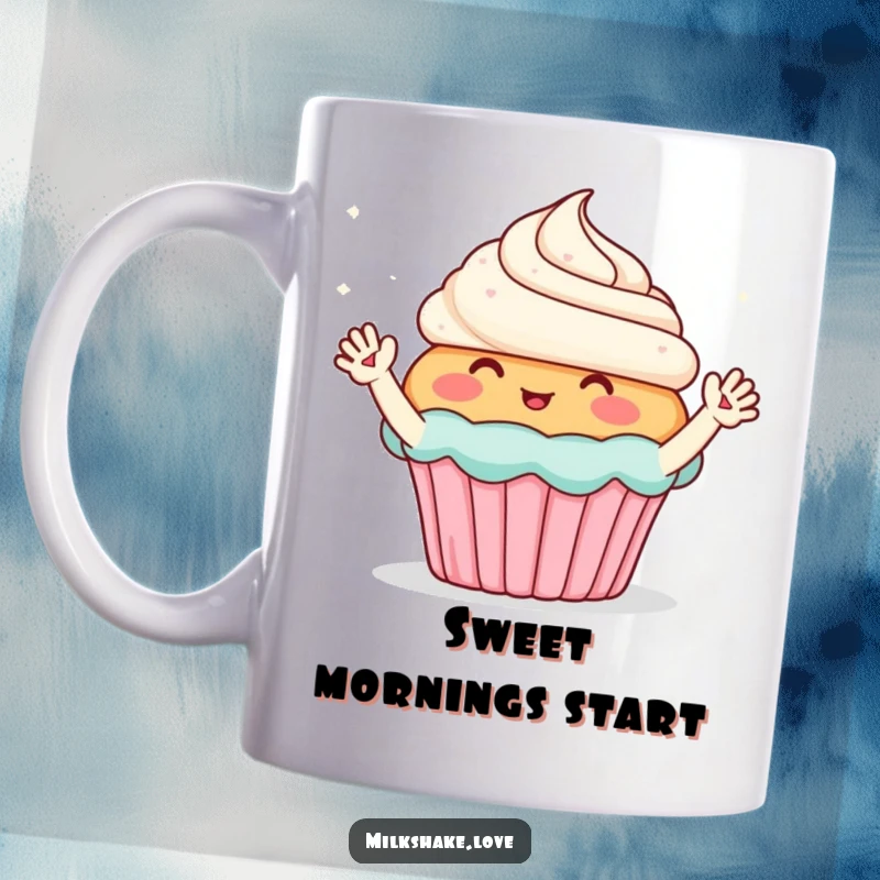 Funny mug featuring a blushing cupcake with tiny waving arms, enthusiastically greeting sparkling magic with a sweet smile.