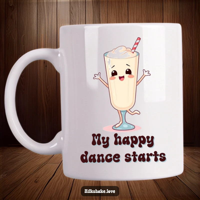 Funny Mug featuring a cheerful milkshake with legs performing a lively, bouncy dance, brimming with sweet, playful energy.