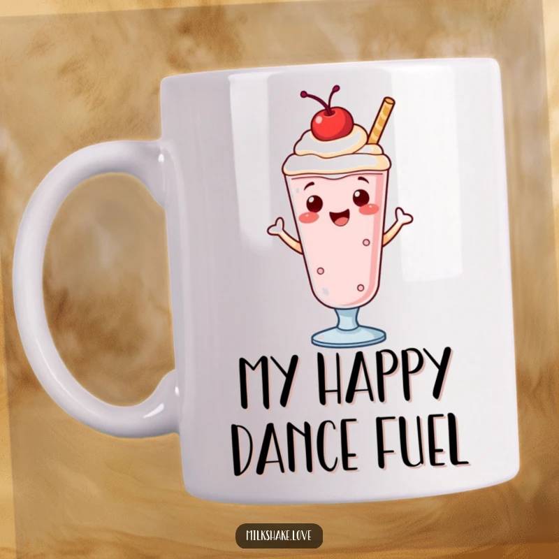 Funny milkshake mug with a cherry on top, cheerfully dancing with a jig, bringing joy and humor.