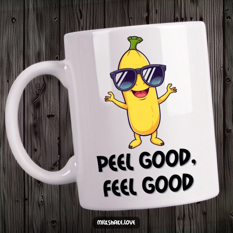 Funny mug featuring a giggling banana in oversized sunglasses striking a confident disco pose with a groovy vibe.