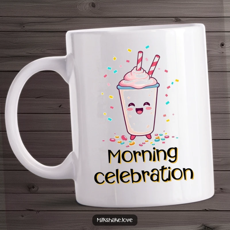 Funny Happy Milkshake Cup Mug, a cartoon character joyfully spilling confetti, symbolizing celebration and happiness, perfect for festive moments.