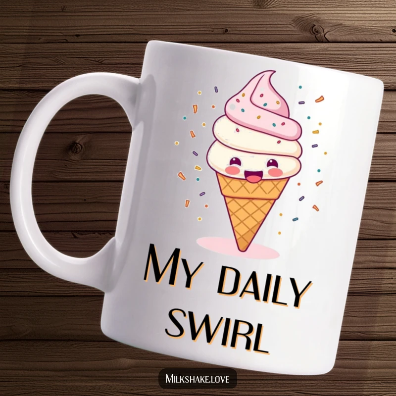 Funny mug featuring a happy ice cream cone spinning with abandon, sending colorful sprinkles flying everywhere in pure glee.