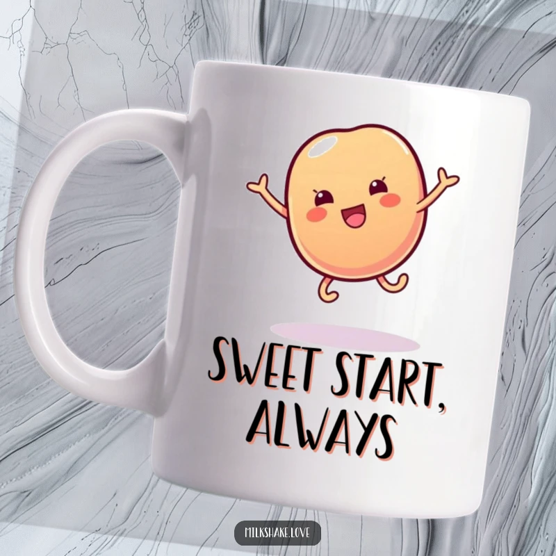 Funny mug featuring a wobbly jelly bean with tiny legs joyfully performing a cartwheel, radiating pure delight and sweetness.