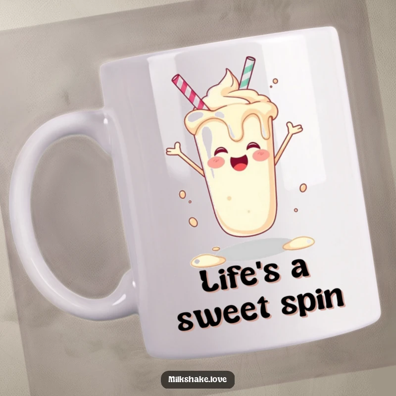 Funny joyful milkshake in a celebratory spin, dripping happily, ideal for a funny gift.