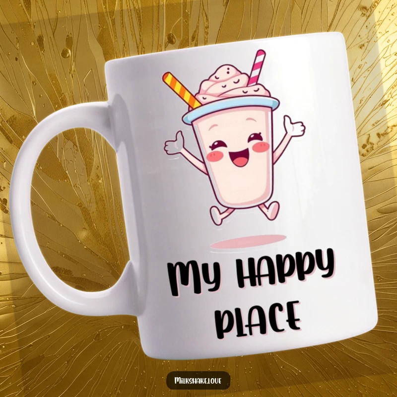 Funny Milkshake Cup Mug, a jubilant cartoon character mid-leap, spilling joy and excitement, perfect for cheerful mornings.