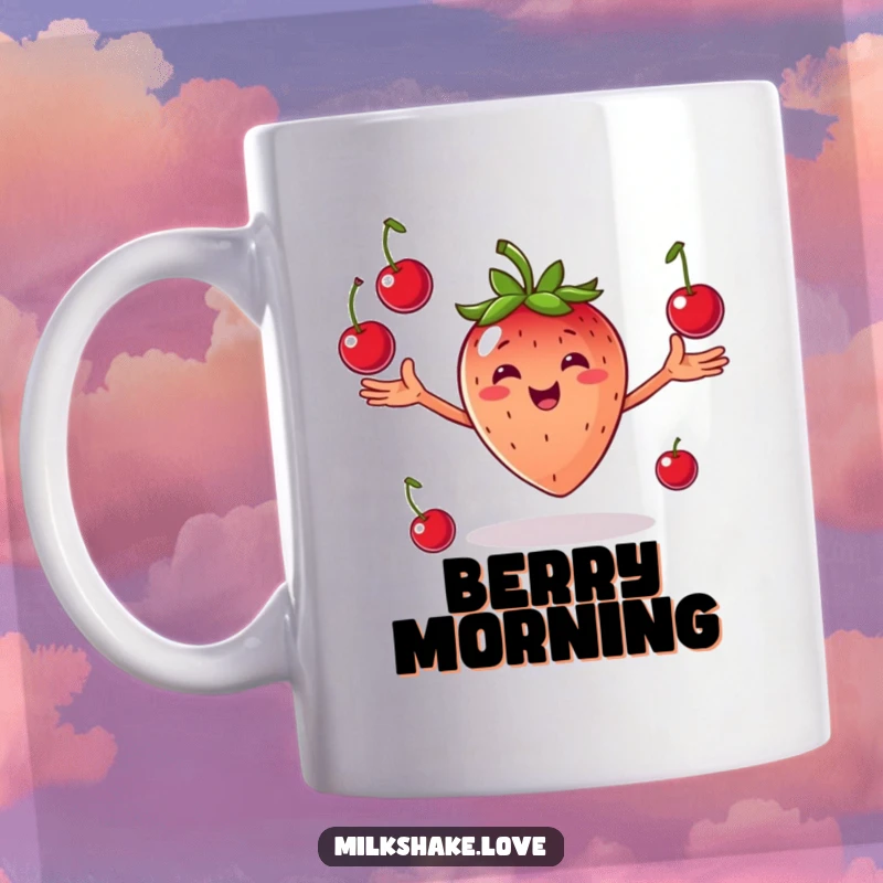 Funny Juggling Strawberry Mug: A smiling strawberry with arms outstretched joyfully juggling cherries, radiating happiness and fun.